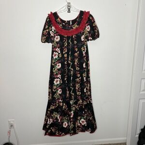 Good Times Dress Womens XL Black Floral Hawaiian Ruffle Kaftan Maxi Vtg Mumu